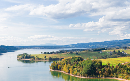 Beautiful autumn landscape, mountain and river, Poland, Tatryの写真素材