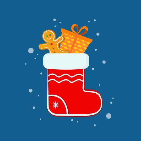 Red Christmas sock and Christmas gingerbread man. Vector illustrationのイラスト素材
