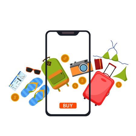 Buy Online concept. Traveling on airplane, planning a summer vacation, tourism and journey objectsのイラスト素材