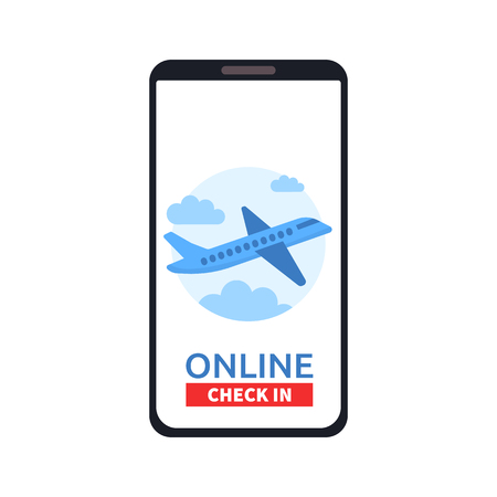 Smartphone with online check in button and airplane icon on screen. Concept of mobile application.のイラスト素材