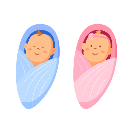 Two cute twin babies, a baby girl and a baby boyのイラスト素材