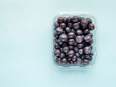 fresh blueberry from forest in plastic container on a blue bright backgroundの写真素材