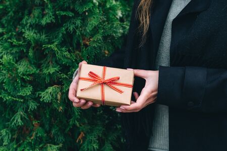 Woman giving a christmas or birthday gift wrapped in brown paper and red ribbon. Thuja backgroundの写真素材