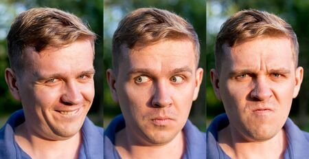 Emotion set of man collage with happy, surprised and scared face. Emotion facial expression. Outdoor