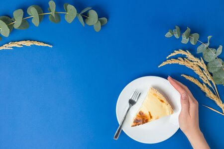 Single piece of cheesecake on a white plate on blue background. Menu or food concept. Flat lay rustic banner, top view, copy space.の写真素材