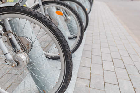 Bicycle parking lot in the city street. Bicycles stand on a parking for rent.