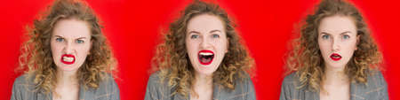 Different Emotions Collage. Set Of Girl Emotional Portraits over red Background