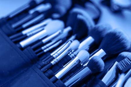 Professional makeup brushes and tools, make-up products set. Image monochrome toned. Color of the year. Beautiful blue background for designの写真素材