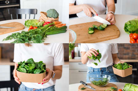 Collage of women cooking healthy food at home in the kitchen. Process of cooking vegetable salad with spinach. Menu, recipe book bannerの写真素材