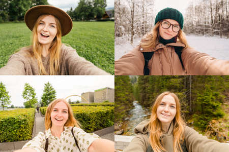 Collage of Beautiful young hipster woman taking selfie in different places at different times of the year. Looking at camera and smile. Travel and active life concept. Outdoorsの写真素材