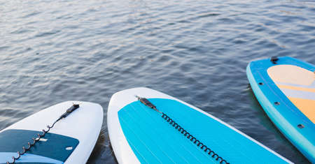 Surf boards on blue clean water surface background. Surfing and SUP boarding equipment in sunset...
