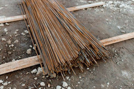 Steel rebar for reinforcement concrete at construction site. Building Construction Backgroundの写真素材