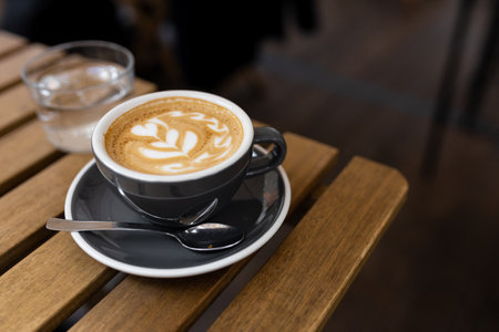 One black Cup of cappuccino with latte art. Coffee in ceramic cup with glass of water on brown...