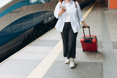 Business woman with a red suitcase using smart phone and moving on station platform for travel trip. Railroad transport and technology concept, Travelerの写真素材