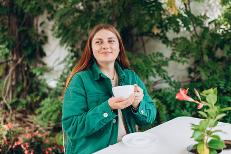 Portrait of beautiful woman drinking a cup of tea in cafeteria. Young caucasian Redhead woman in a...