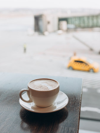 Hot coffee at airport lounge. Waiting for the flight banner. Concept of traveling relax time. Airport interior and big windowの写真素材