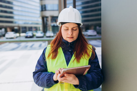 Young architect woman in white hardhat and safety vest using digital tablet outdoors. Female construction engineer. Engineering applicationの写真素材