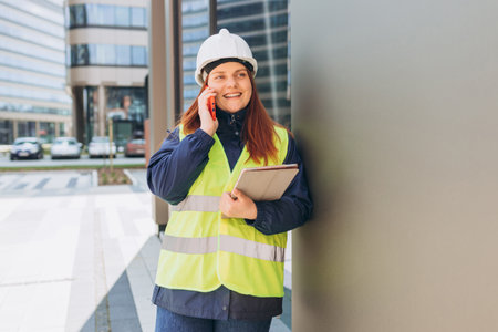 Young architect woman in white hardhat and safety vest with digital tablet talking on smartphone...