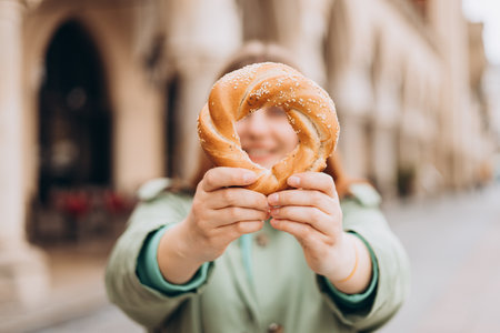 Attractive young female tourist is holding prezel, traditional polish snack on the Market square in Krakow. Traveling Europe in spring. Selective focus. High quality photoの素材 [FY310206304693]