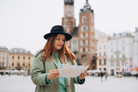 Attractive young female tourist is exploring new city. Redhead girl walking and holding a paper map...