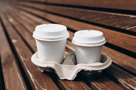 Delivery in any weather around the clock to the client. Fast food eco packaging. Two take out coffee in holder. Place logo on mug, mockup.の写真素材