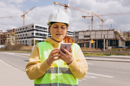 Young Architect woman in white hardhat and safety vest with digital tablet using smartphone outdoors. Female engineer. Logistics and construction worker near modern building. Engineering applicationの写真素材