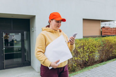 Happy Delivery woman with smartphone and parcel in hands front of the house. Courier send a package to destination. Happy professional shipping courier. Delivery postal service.の写真素材