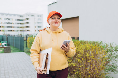 Happy Delivery woman with smartphone and parcel in hands front of the house. Courier send a package...