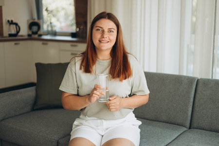 Young woman drinking pure water from glass and sitting on textile couch at home. Health care concept photo, lifestyle, close upの写真素材