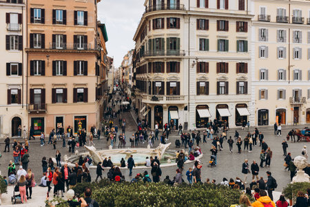 Rome, Italy 07 April, 2022 - The Fontana Della Barcaccia. Piazza di spagna in Rome. Tourists visiting the spanish square, spring timeのeditorial素材