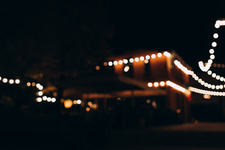 Decorative string lights at night time, Defocused Background, night city life backdrop, party time...