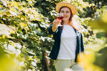 30s Woman in hat tasting red wine in vineyard. Portrait of pretty young woman holding glass of wine. Happy vintner drinks wine after successful grape harvesting, Natural wine industry.の写真素材