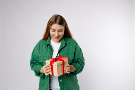 Portrait of cheerful, happy woman receive gift, smiling excited. Girl holding wrapped present, celebrating birthday on white background. Valentines Day Womens Day birthday holiday concept.の写真素材