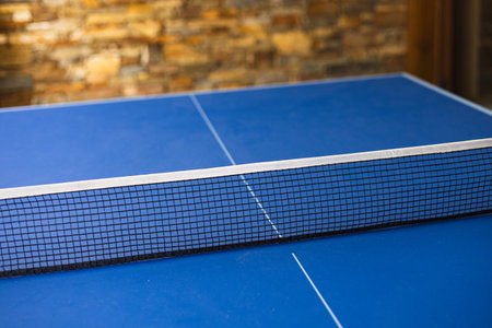 Closeup of net on blue table for Table tennis. The concept of sport and healthy lifestyle. Table tennisの写真素材