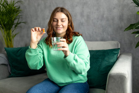 Happy young woman taking a vitamin yellow pill sitting on a couch in the living room at home. Diet. Nutrition. Healthy Eating, Lifestyle.の写真素材