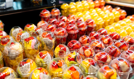 Fruit Salad arranged in plastic cups on a market. Cut and ready fruit ready to sell in market....