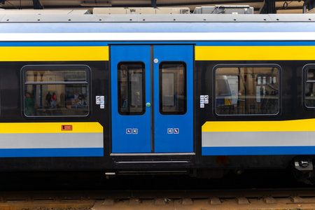 High speed train on the railway station, concept of travelingの写真素材