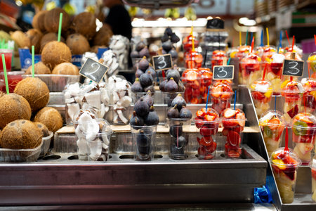 Figs, strawberries, coconut in a plastic glass. Convenience, healthy lifestyle. Variety of fruits at...