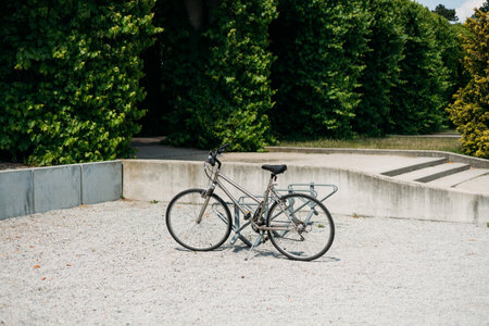 Locked bicycle at bicycle parking. Transport, storage and vehicle concept. Green pergola in Park