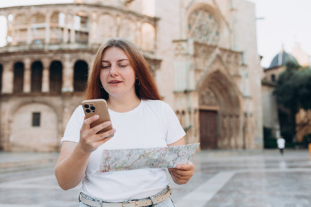 Portrait of a happy young woman with paper map walking in the city, sending text message on...