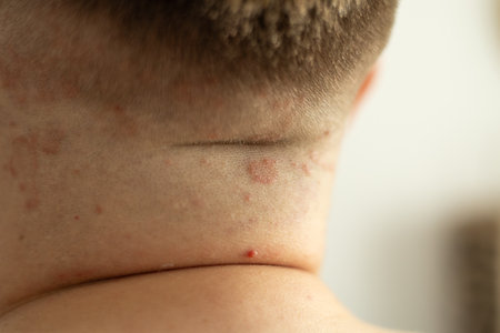 Psoriasis on the skin close-up, scalp, photos of dermatitis and eczema, skin problems concept, dermatology bannerの写真素材