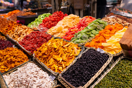 Dried fruits at a street market. Pineapple, Melon, Mango, coconut, apricot and Apple Delight. Copy...
