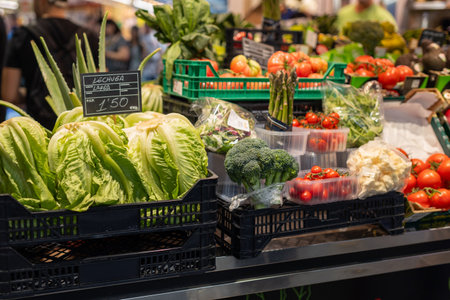 Fresh vegetable market sale counter on display. Organic vegetables ready to be sold in traditional...