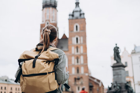 Tourist happy woman posing on Market Square in Krakow, Traveling Europe in autumn. St. Marys Basilica, no face, rear viewの写真素材