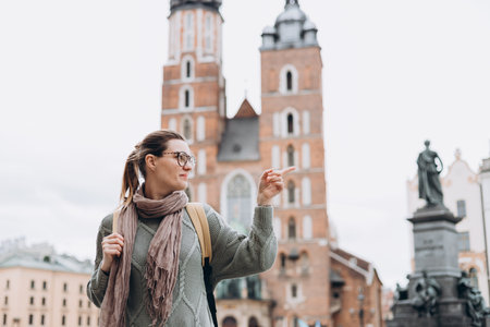 Attractive female tourist is exploring new city. Happy woman with backpack pointing finger on Market Square in Krakow. Traveling Europe in autumn. St. Marys Basilica. Active lifestyleの写真素材