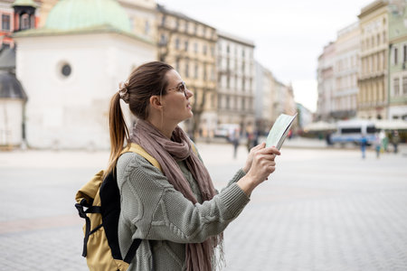 Attractive young female tourist is exploring new city. Happy girl holding a paper map on Market...