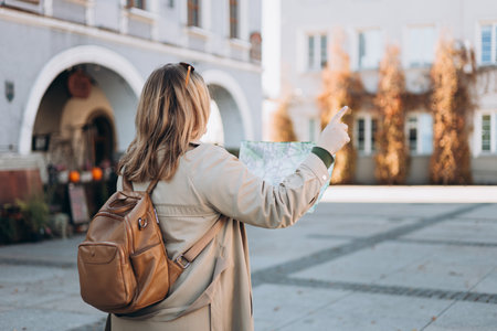 30s young woman with map pointing finger in old town. Holidays and tourism concept. Female tourist searching direction on location map while traveling abroad in autumn, rear viewの写真素材