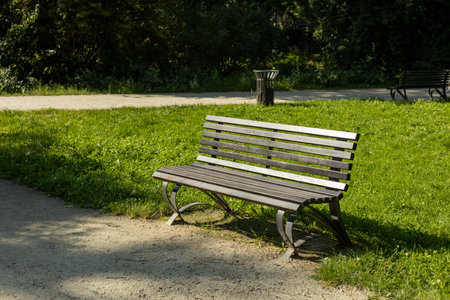 A modern wooden bench in the park. Comfortable bench in recreation area. City improvement, urban planning, public spaces.の写真素材