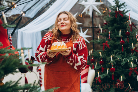 Lemon, vanilla marble bund cake in woman hands. Happy 30s girl standing near decorated Christmas tree. Winter time and holidays. Celebration banner,の写真素材