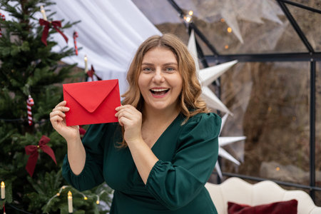 Young 30s woman getting Christmas greeting card from her beloved on background of xmas tree at cozy living room with festive interior. Surprised lady pleasure reading letter at home.の写真素材
